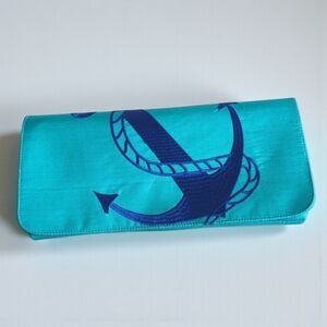 Vintage Shiraleah Silk Embroidered Anchor Clutch Nantucket Turquoise Royal Blue
